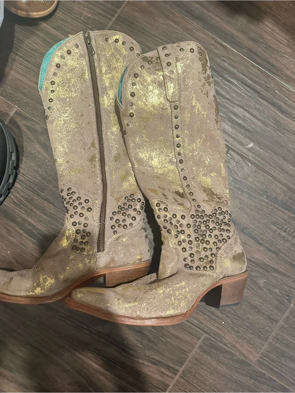 Corral Gold and Taupe Metallic Studded Knee-High Western Boots - Picture 4 of 4